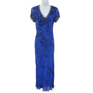 NEW vtg PARADISE NY Black Blue M Floral Bias Beaded Maxi Dress Whimsigoth Fairy